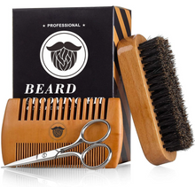 Load image into Gallery viewer, 3 in 1 Beard Care Kit Set For Men Shaving Scissors Comb Facial Hair Brush Wood