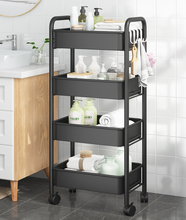Load image into Gallery viewer, 4 Tier Wheeled Black Basket Kitchen Storage Trolley