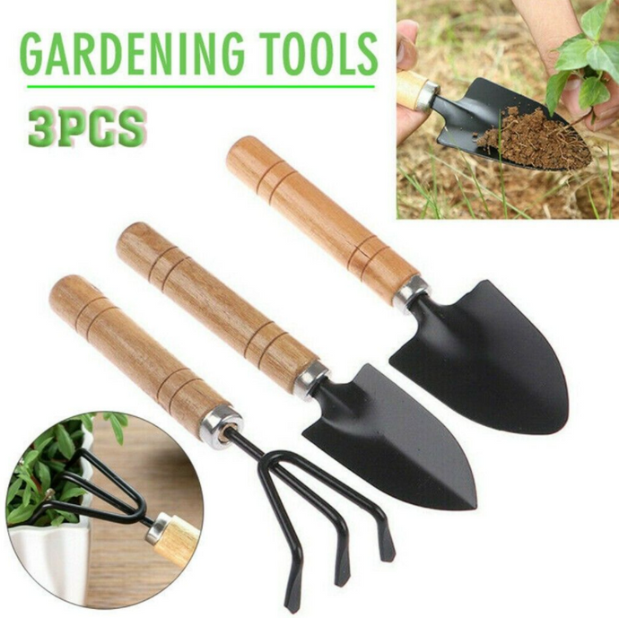 Wood Garden Hand Tool Mini Cultivator Fork Trowel Shovel Set 3PCS