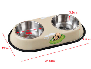 Double Pet Bowl Dog Cat Twin Dish Stainless Steel Water Food Feeder