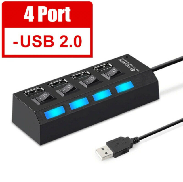 4 Port USB 2.0 Hub Multi USB Splitter Power On Off Switches Adapter